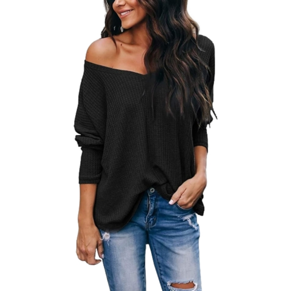 iGenjun Womens Black Waffle-Knit V-Neck Sweater